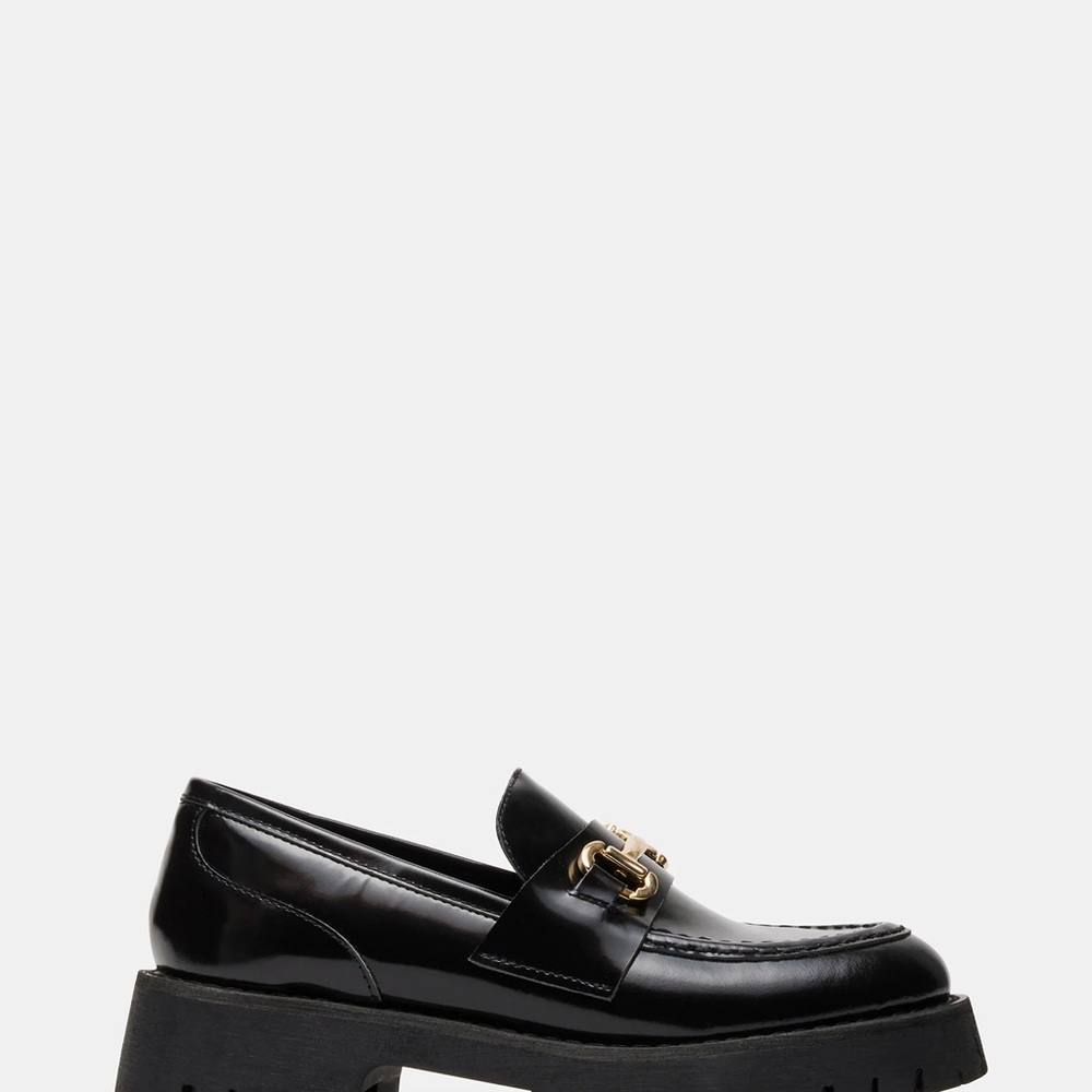 Steve Madden Black Loafers with Gold buckle, “Lando black leather” - Picture 4 of 8